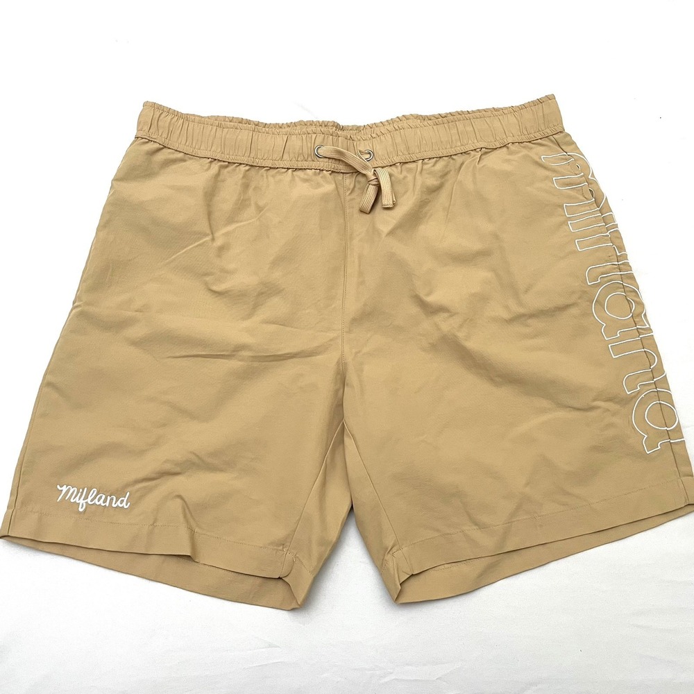 Mifland Nylon Track‎ Shorts 2XL Beige Embroidered Logo Drawstring 8" Inseam